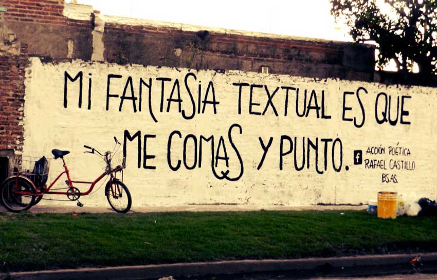 Muro pintado con la frase: Mi fantasía textual es que me comas y punto. Acción Poética Rafael Castillo.