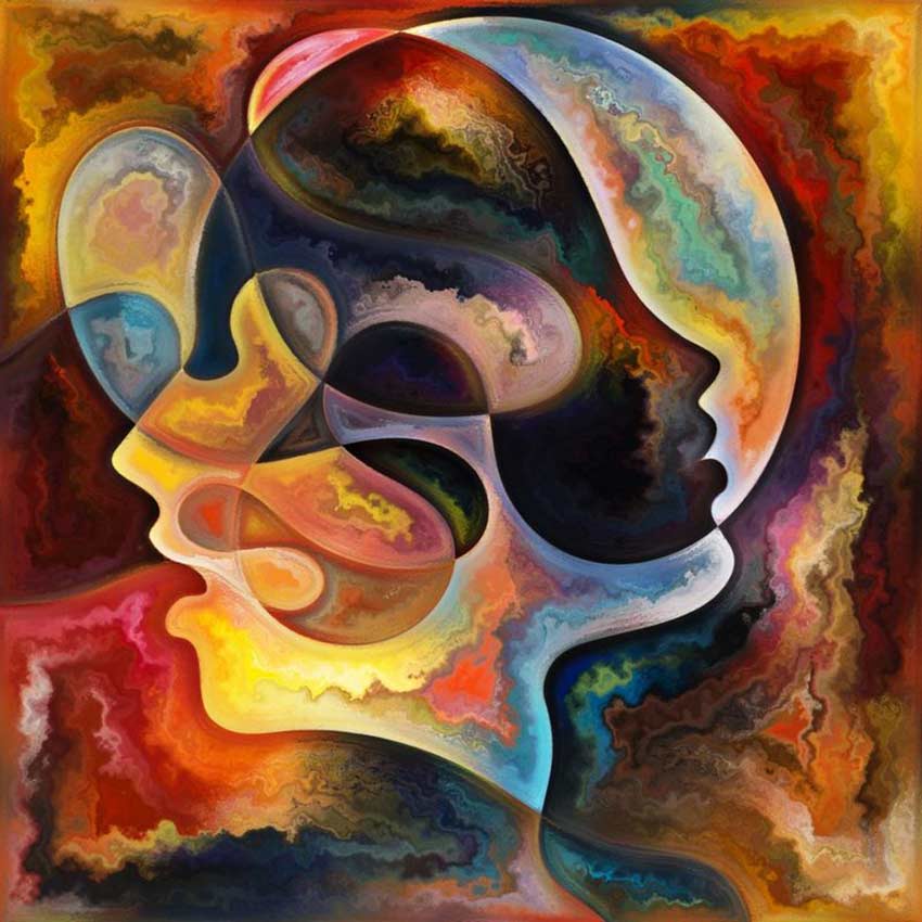 Imagen abstracta de colores con dos cabezas entrelazadas.