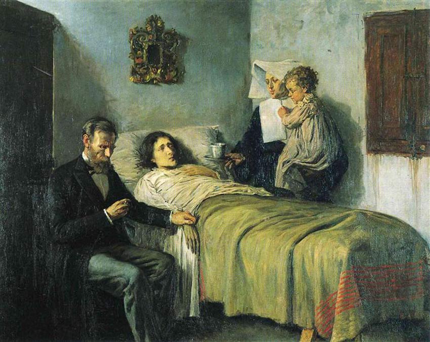 Pintura de un hombre sentado al lado de una cama, una mujer acosata en la cama enferma. Una monja parada cargando un bebé.