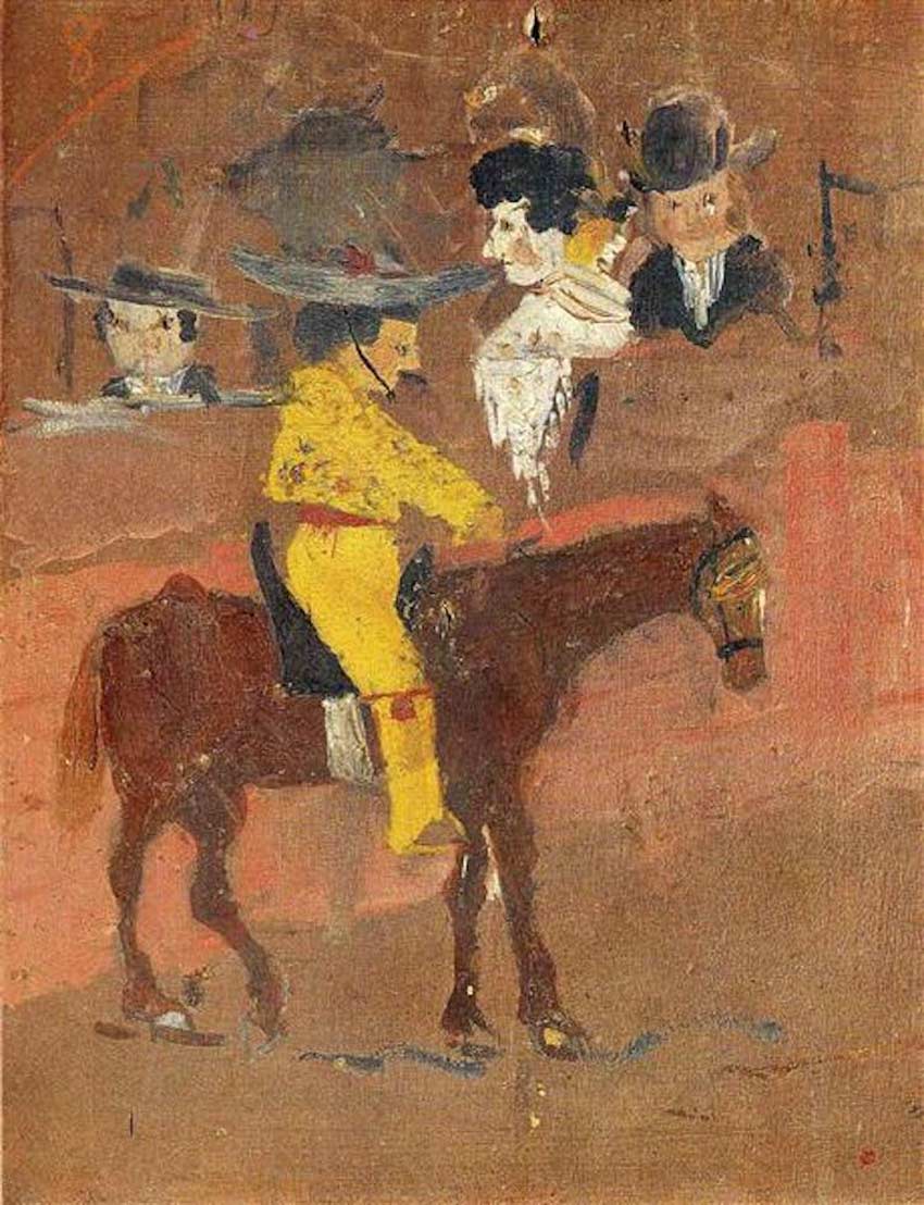 En la pintura un hombre con prendas amarillas en un caballo de color marrón. Al fondo hay caras de otras personas