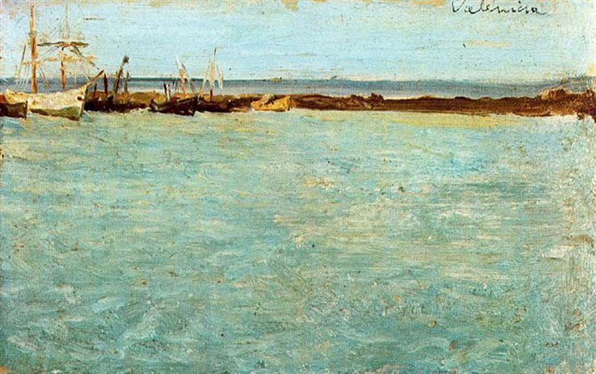 Pintura que tiene una vista al mar. Se observan a lo lejos algunos barcos anclados en la orilla.