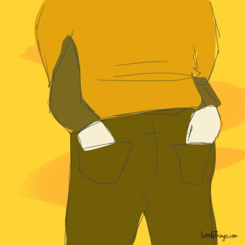 Ilustración de dos personas abrazándose con las manos en los bolsillos traseros