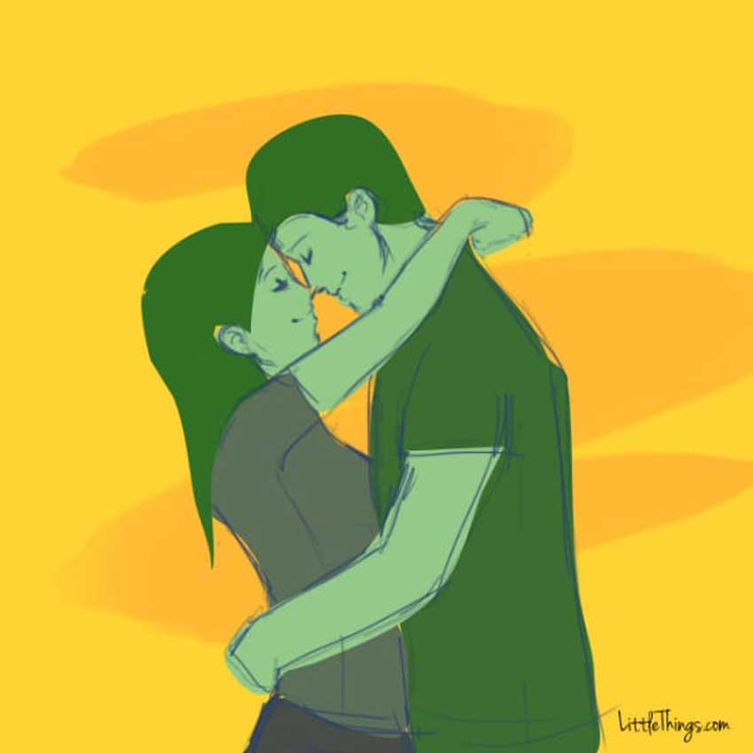 Ilustración de dos personas abrazándose. Hombre con manos en la cintura y mujer con brazos en el cuello de él.