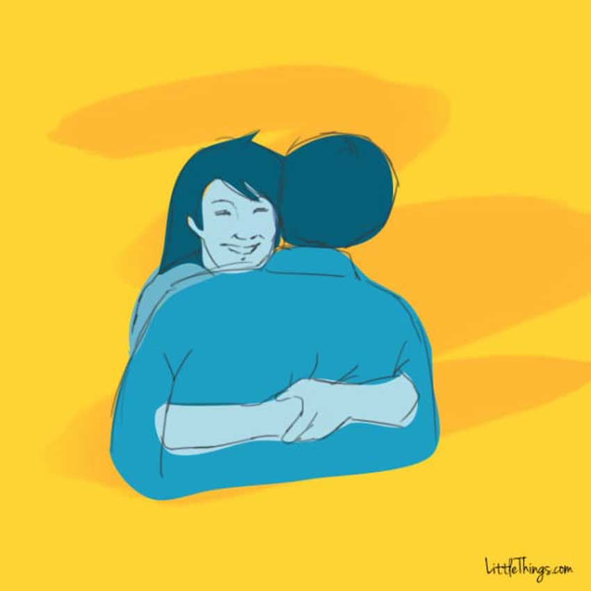 Ilustración de dos personas abrazándose. Mujer abrazando a hombre como si fuera un oso de peluche.