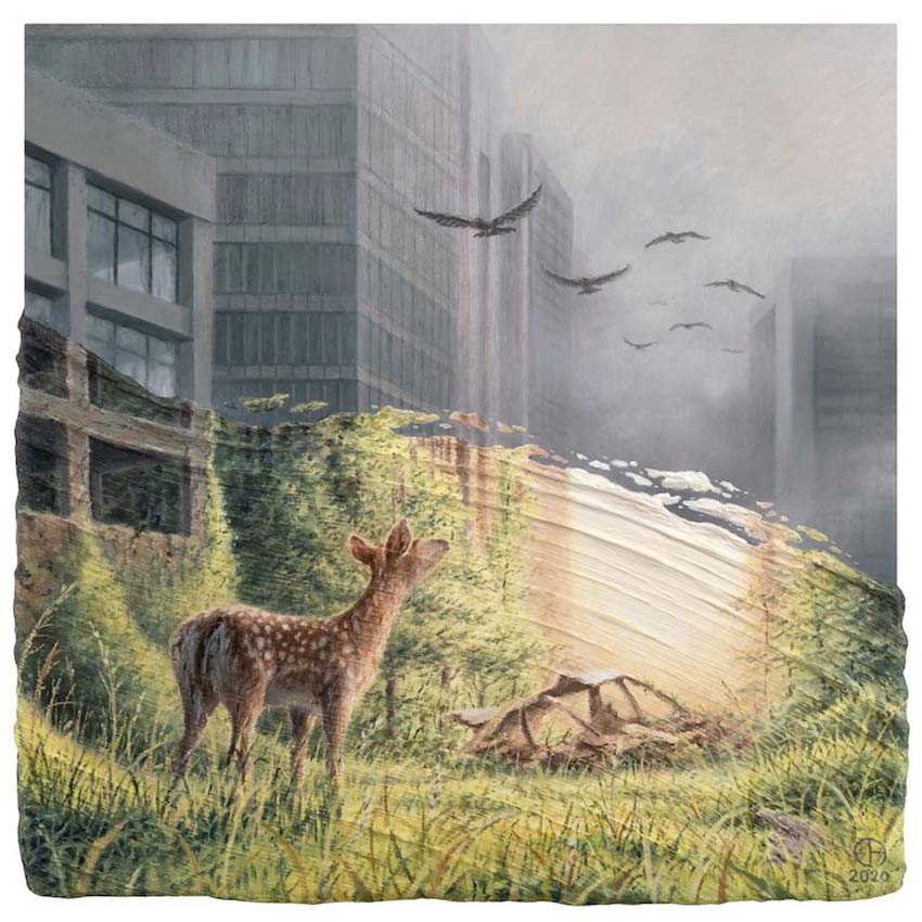 pinturas recrean el futuro. Pintura de unos edificios mezclados con una zona verde, hay un ciervo.