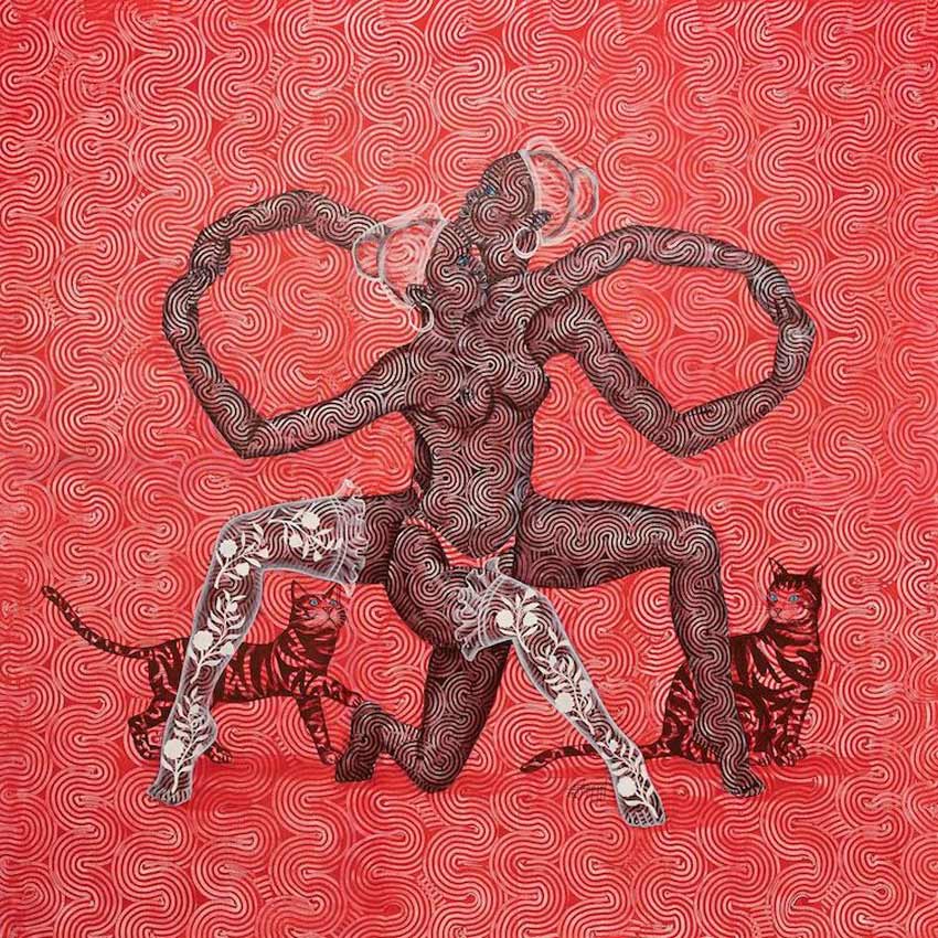 Artista da vida a sus cuadros con motivos ondulados. Dos mujeres danzando y detrás dos gatos