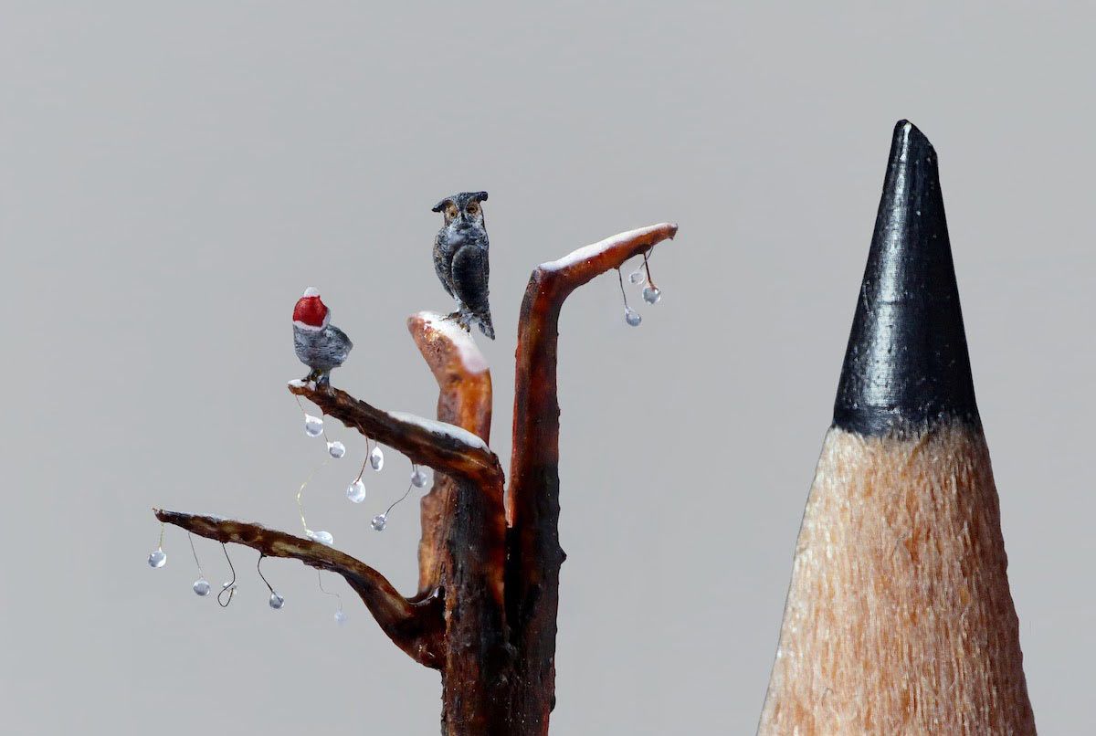 Esculturas mircroscópicas. Marie Cohydon. Un buho y un pájaro.