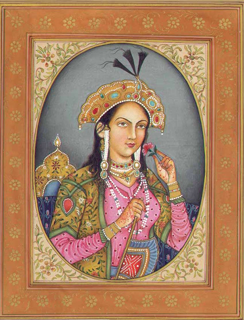 Pintura de retrato de una mujer sosteniendo una flor y un baston.