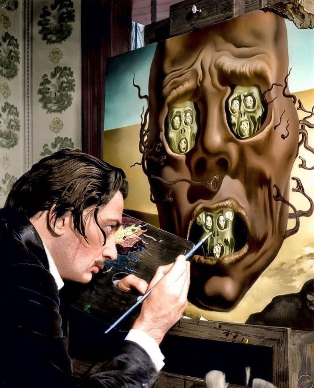 Dalí pintando La cara de la guerra 1940. Imagen a color. Dalí pintando. Arte surrealista. 
