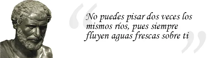 Fotografía de busto en metal de Heráclito de Éfeso con la frase: no puedes pisar dos veces los mismos ríos, pues siempre flyen aguas frescas sobre ti.