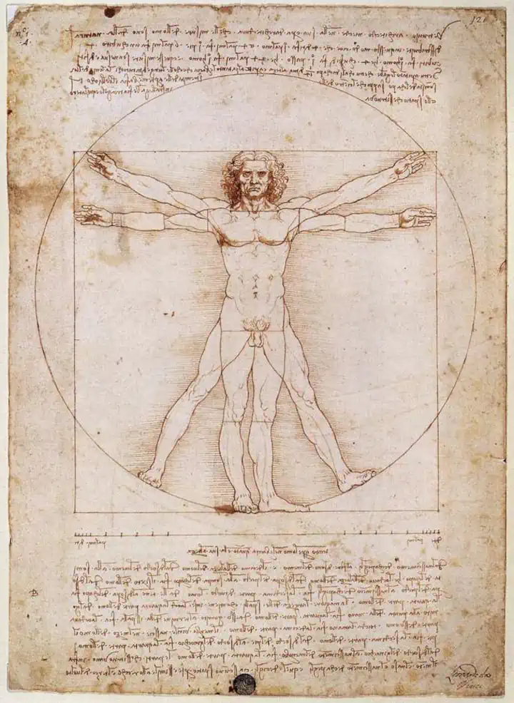 Obra de Leonardo da Vinci: Hombre de Vitruvio. 1490. Valores del Renacimiento.