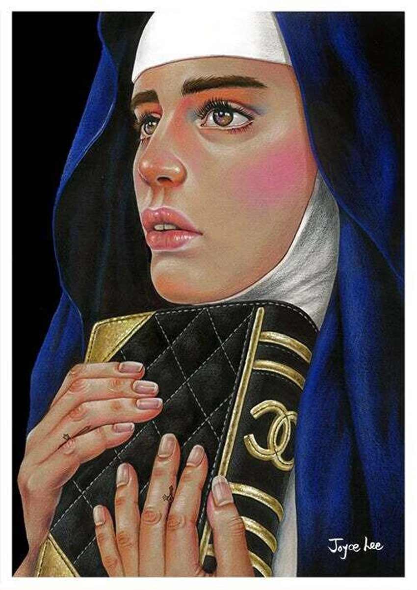 Ilustración de una monja sosteniendo al parecer una biblia. Sin embargo, la tiene un logo de una marca de ropa y accesorios. Monjas rebeldes