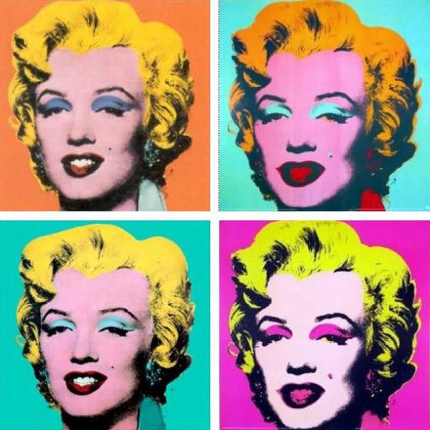Andy Warhol, el padre del pop art, arte pop, arte popular. Rostro de Marilyn Monroe en diferentes colores