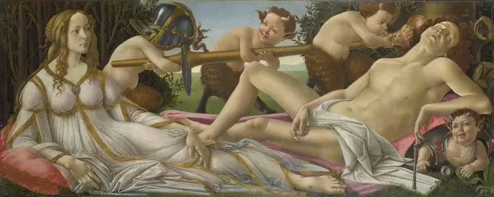 Obra de Sandro Botticelli: Venus y Marte. 1483. Temple y óleo sobre tabla. 69 cm × 173 cm - National Gallery, UK